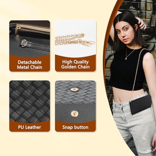 U+U Crossbody Bags for Women, Small Leather Bag with Removable Chain, Card Slots & Phone Pocket - Lightweight Purse Wallet (Black) - Thumbnail 5