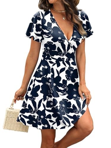 RUMIA Sundresses for Women 2026 Summer Beach Dresses Short Sleeve Empire Waist Church Wrap V Neck Dress Spring Clothes Floral Navy 02 XL - Thumbnail 4