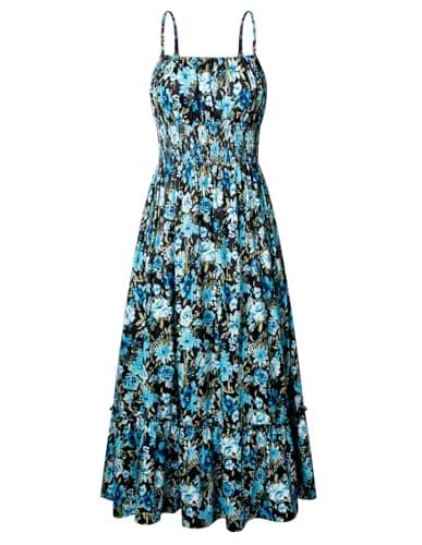 GRACE KARIN Summer Dresses for Women 2026 Vacation,Smocked Floral Maxi Dresses,Boho Beach Long Sundress Blue Black XXL - Image 1