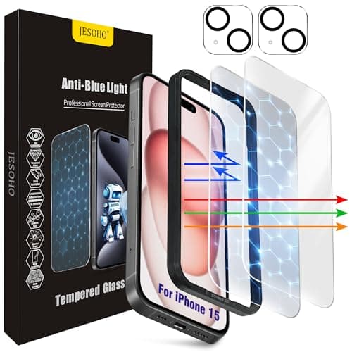 JESOHO Screen Protector for iPhone 15 [6.1 Inch],2 pcs Colorless Anti-Blue Light Tempered Glass Films,HD Clear, 9H Hardness, No Bubbles, Case Friendly with 2 pcs Camera Lens Protector - Image 1