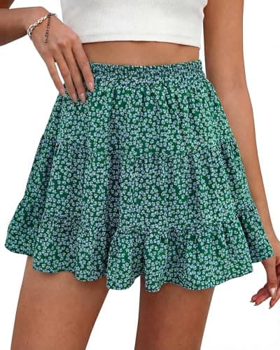 BTFBM Summer Skirts for Women 2026 Floral High Waist Shorts Underneath Boho Tiered Flowy Tennis Skorts Casual Mini Skirt(Floral Green Blue, Small) - Image 1