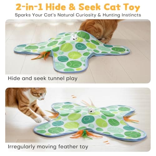 PETSWEET Interactive Cat Toys for Indoor Cats, Hide and Seek Cat Toy, 2 in 1 Automatic Moving Concealed Feathers Cat Toy Mat, Non-Slip Suction, Touch Activated, USB Rechargeable, Green - Thumbnail 2