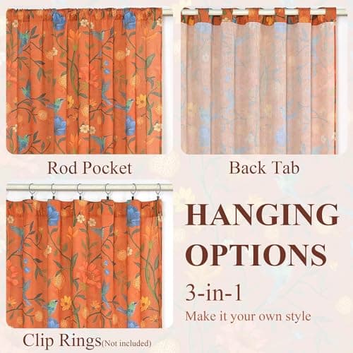 JOOJA Bird Floral Curtains 2 Panels 96 Inches Long Vintage Boho Patterned Terracotta Whimsical Living Room Colorful Linen Blend Printed Window Curtains for Bedroom Kitchen - Thumbnail 4