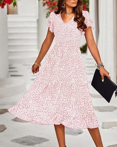 BTFBM Women Casual Summer Short Ruffles Tiered Sleeve Smocked Midi Dresses Bohemian Floral V Neck Wedding Guest Long Dresses(Floral Pink,XX-Large) - Thumbnail 2