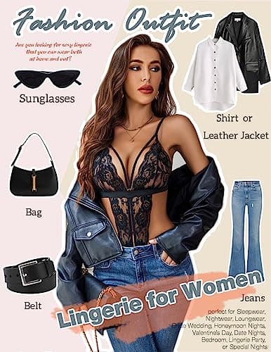 Avidlove Sexy lingerie for women Lace Babydoll Bodysuit V Neck Teddy Underwear (Black S) - Thumbnail 5