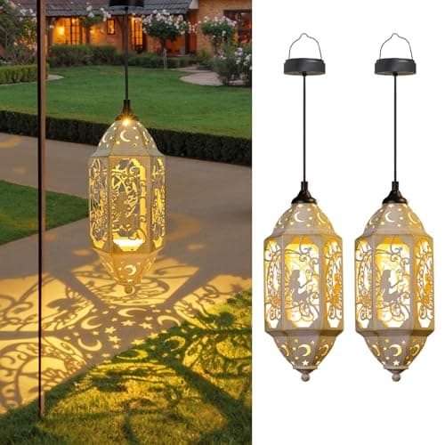 Big Outdoor Solar Lanterns Waterproof Fairy Moon Garden Gifts for Women Mom12.4‘’ Metal Garden Lanterns Hanging Light for Patio Backyard Decorations, Mothers Day Birthday Gifts (Gold White,2Pack) - Image 1