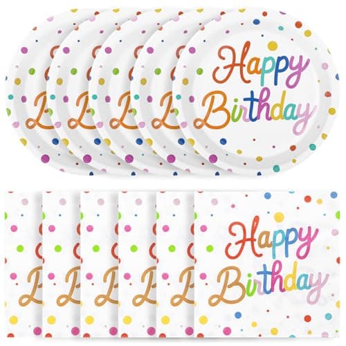 NatNarr 50 Pcs Happy Birthday Paper Plates and Napkins, 7 Inch Colorful Polka Dot Birthday Cake Dessert Plates Disposable Tableware Set for Birthdays Party Decorations, 25 Guests - Image 1