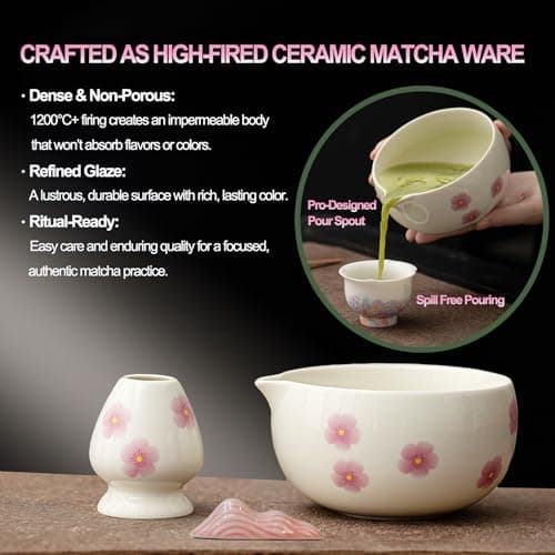 Matcha Set, 8-Piece Ceramic Japanese Matcha Whisk Kit with Bowl, Bamboo Whisk and Holder, Traditional Matcha Making Tools for Beginners and Tea Lovers, Cream White Tea Ceremony Gift Set - Thumbnail 4