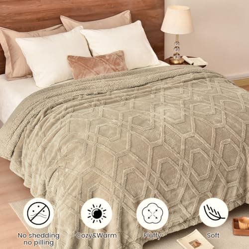 PHF Fluffy Sherpa Throw Blanket for Winter, Warm and Cozy, 510GSM 3D Tufted Shaggy Fleece Blanket for Couch, Khaki, 50"x60" - Thumbnail 5