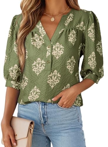 Dokotoo Short Sleeve Tops for Women Summer Tops Spring Fashion 2026 Button Down Elbow Sleeve Dress Shirts Business Casual Outfits Work Clothes Boho Green Tops Large - Image 1