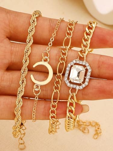 Alegend Bracelets Sets 14K Gold Plated Stackable Bold Twisted Rope, Romantic Crystal, Delicate Chains with moon charm Four-Layered Design - Thumbnail 6