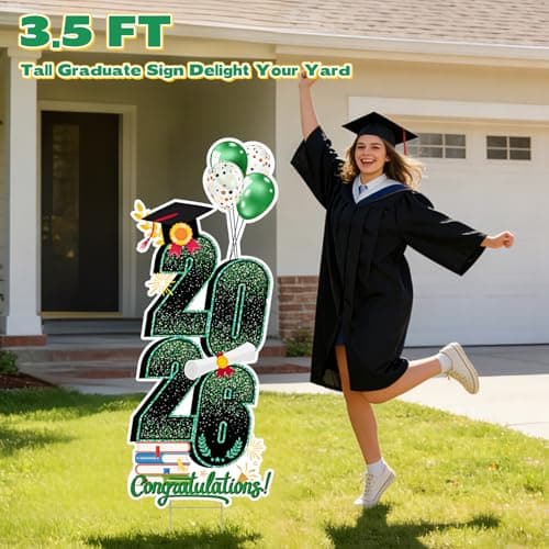 2026 Graduation Decorations Yard Sign, 3.5 FT Tall Class of 2026 Congrats Grad Yard Sign with Stakes for Outdoor Indoor Graduation Party Garden Lawn Decoration Supplies(Green) - Thumbnail 4