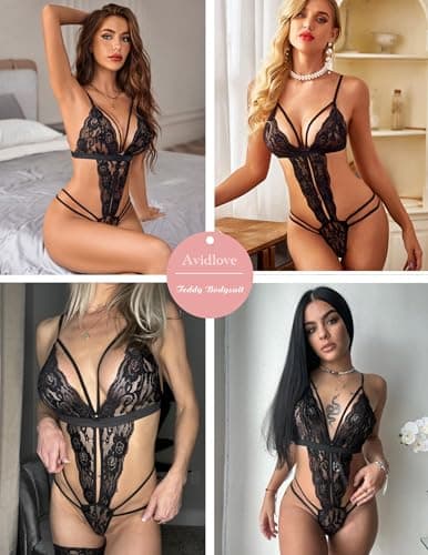 Avidlove Sexy lingerie for women Lace Babydoll Bodysuit V Neck Teddy Underwear (Black S) - Thumbnail 6