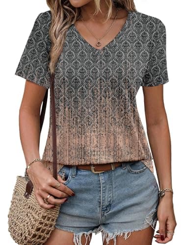 GKBK Womens Short Sleeve T Shirts V Neck Tops Summer Trendy Comfy Casual Basic Tee Shirt Light Khaki Print,XL - Image 1