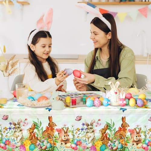 Accevo Easter Tablecloth 54 x 108 Inch Rectangle,2 Pack Easter Decorations, Disposable Plastic,Easter Bunny Table Cloth for Dining Room Spring Oblong Tablecloth Indoor Decor Party - Thumbnail 4
