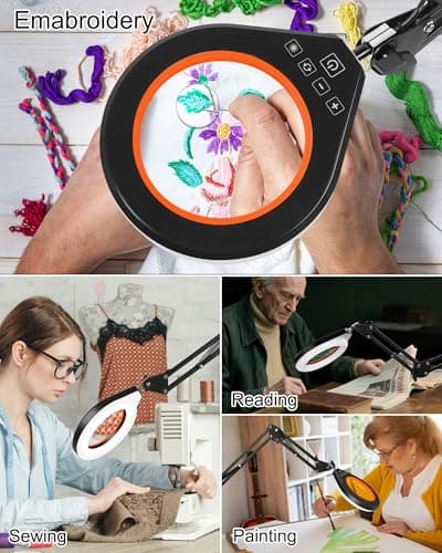 10X & 5X Magnifying Glass with Light, Ultra Long Swing Arm, 5 Colors & 10 Brightness, Real Glass Lens Large Magnifying Lamp for Craft Painting Workbench Jewelry Making Hobby Close Work (Orange) - Thumbnail 4