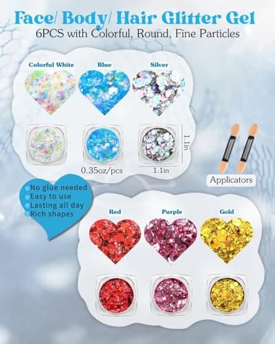 Face Glitter Gems Rave Accessories: 6 Face Body Glitter Gel & 4 Self Adhesive Gem Stickers 1440PCS, Sparkly Rhinestone Stickers Hair Jewels Kit Girls Women Party Makeup Accessories (Water Droplets) - Thumbnail 2