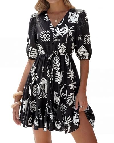 BTFBM Women Summer Spring Floral Boho Dress 2026 V Neck Short Sleeve Ruffle Beach Vacation Clothes Wedding Guest Dresses(Floral Black White, X-Large) - Image 1