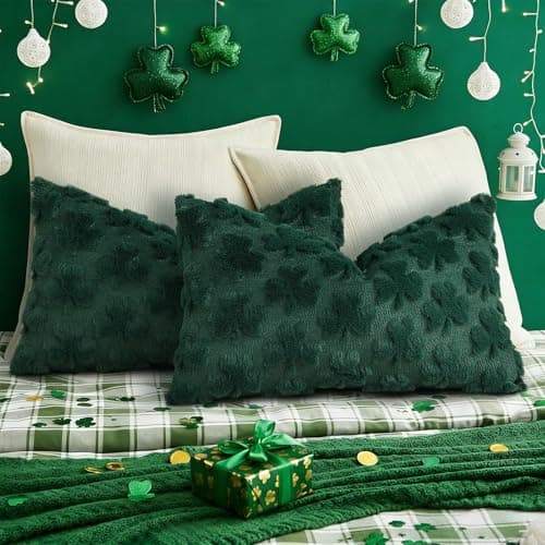 decorUhome Faux Fur Throw Shamrock Green Pillow Covers 12x20 Set of 2 - Thumbnail 5