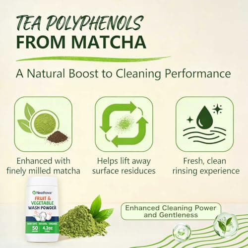 Fruit & Veggie Wash Powder, Natural Organic Produce Cleaner for Pesticides & Wax Removal, Baby Safe Eat Cleaner for Fruits & Vegetables, 50 Washes, 4.2oz (120g), Extra Matcha Powder & Tea Polyphenols - Thumbnail 2