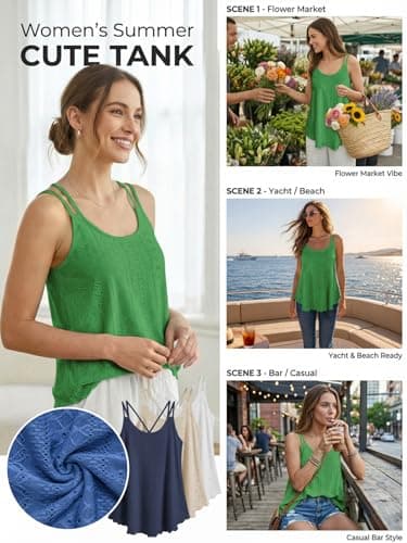 ATHMILE Women's Tank Tops Eyelet Embroidery Sleeveless Spaghetti Strap Tops Scoop Neck Sexy Loose Fit Casual Summer Flowy Cami 2026 Grass Green - Thumbnail 4