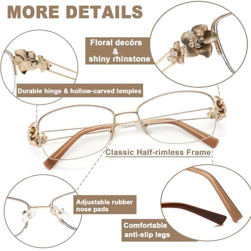 touk Photochromic Progressive Multifocal Reading Glasses for Women, Stylish Half Rim Metal Frame Anti Blue Light Sun Readers 1 Pack Red +3.5 - Thumbnail 5