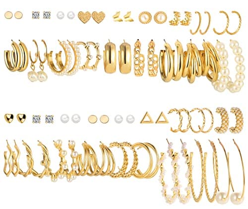 FAXHION 36 Pairs Gold Earrings Set for Women, Fashion Pearl Chain Link Stud Drop Dangle Earrings Multipack Hoop Earring Packs, Hypoallergenic Earrings for Birthday Party Jewelry - Image 1