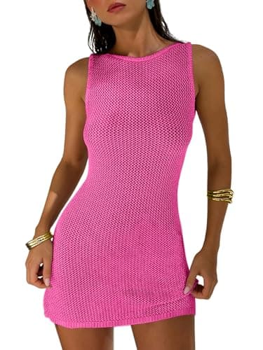 ANRABESS Women Swimsuits Cover Up Slim Crochet Swimwear Summer Tank Little Dress Bathing Suit Vacation Beach Clothes Outfits Hot Pink Medium