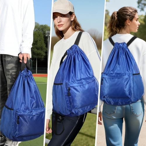 Dntorx Drawstring Backpack, Gym Bag with Water Bottle Pocket, Waterproof String Backpack for Soccer, Basketball, Swim for Women Men (Blue - Thumbnail 6