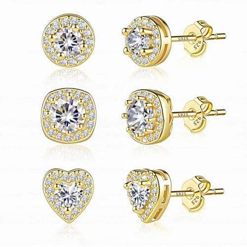 ALEXCRAFT 14k Gold Halo Stud Earrings for Women Sterling Silver Cubic Zirconia Round Heart Square Diamond Large Stud Set 3 Pairs - Image 1