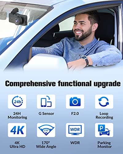 Dash Camera for Cars,4K Full UHD Car Camera Front Rear with 32GB Card,Built-in Super Night Vision,2.0'' IPS Screen,170°Wide Angle,WDR, 24H Parking Mode, Loop Recording. - Thumbnail 6