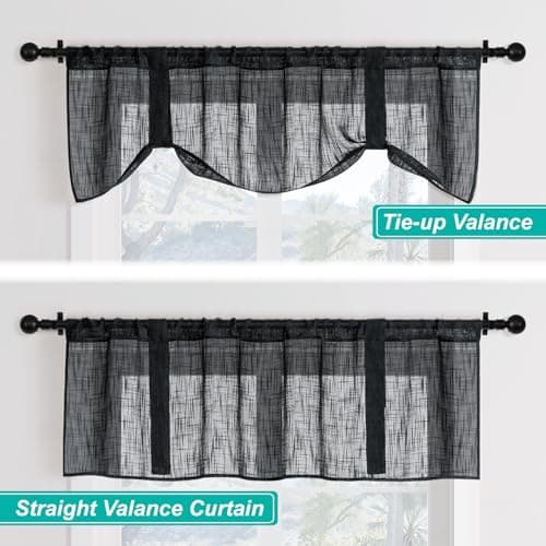 Home Queen Linen Look Tie Up Valance Curtain, Burlap Valences for Home Decoration, Length Adjustable Sheer Drape for Office and Bedroom, 4 Pieces, Black - Thumbnail 3