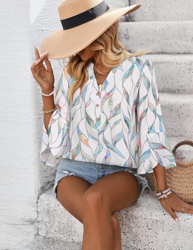 LOOKBOHO Womens Boho Tops 3/4 Sleeve Peplum Leaf Print Blouses Ruffle Sleeve Button V-Neck Casual Shirts White&Green XL - Thumbnail 2