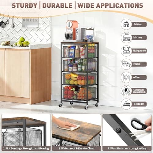 SUNALLY Rolling Cart with Drawers, 4-Tier Utility Cart Snack Storage Organizer with Lockable Wheels, Metal Kitchen Storage Cart with Wooden Top for Craft, Bathroom, School, Office, Bedroom, Black - Thumbnail 2