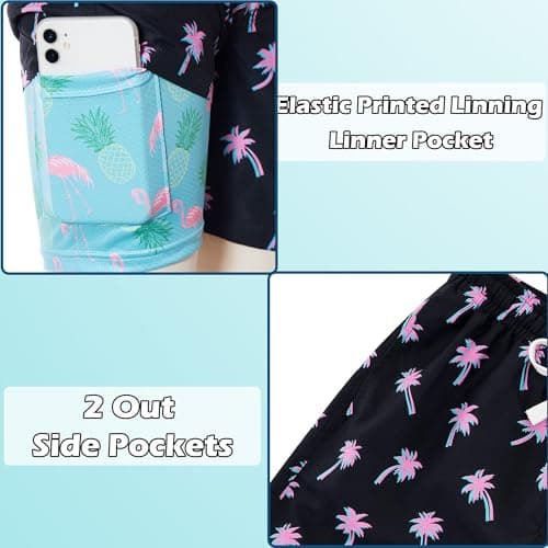 swimsobo Boys Swim Trunks Size 7 Kids Swimming Shorts with Compression Liner Black Flamingo Printed Boardshorts Bathing Suit - Thumbnail 3