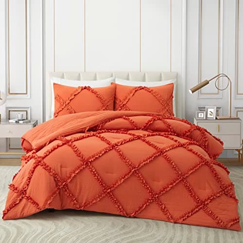 Bonlino Queen Comforter Set Soft Bedding - 3 Pcs Tufted Decor Fluffy Comforter Boho Bed in a Bag with Cute Lightweight Pillowcase for Dorm Farmhouse Bedroom Luxury Gift(Orange) - Image 1