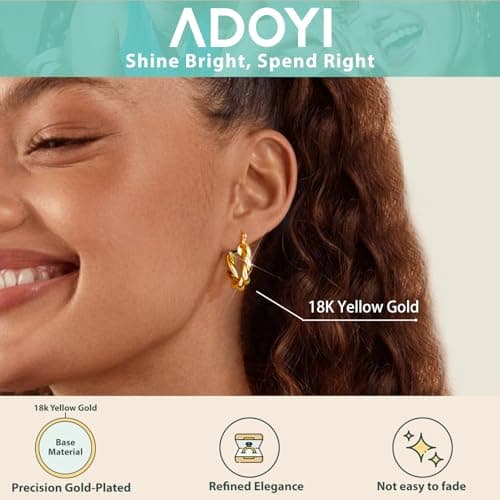 Adoyi Gold Hoop Earrings Set for Women Girls Trendy 18K Plated Gold Hoops Small Chunky Earrings Twisted Huggie Ear ring Pack Lightweight 9 Pairs Jewelry Set for Valentines Mother's Day Birthday Gifts - Thumbnail 5