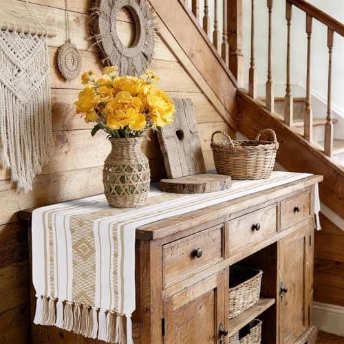 yuboo Boho Table Runner 72 Inches Long, Cream Woven Jacquard Table Runner with Tassels, Neutral Farmhouse Rustic Dresser Runner Decor for Dining Room, Bridal Shower (Geometric Moroccan) - Thumbnail 6