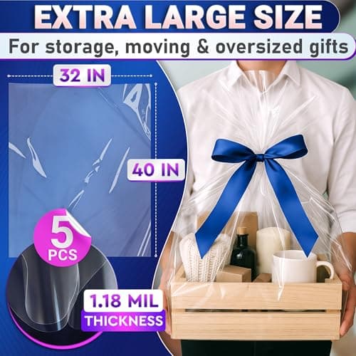 PalaYou 5 Pcs Shrink Wrap Bags for Gift Baskets – 32x40 Large Shrink Wrap, Wide Application for Gifts & Hampers, Durable & Easy to Use – Clear Cellophane Bags for Presents and Easter Basket Packaging - Thumbnail 2