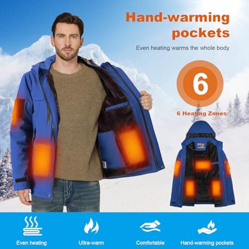 Brimekey Graphene Heated Jacket for Men, Fast Charge 20000mAh Large Capacity, Men's Heated Jacket with Fleece Lining, 6 Heating Zones Windproof Waterproof Soft Shell Hoodie Jackets Skiing Hunting - Thumbnail 3