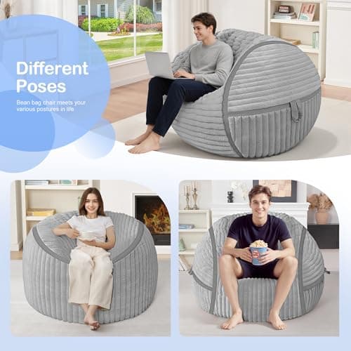 HABUTWAY Bean Bag Chair 3FT Big Bean Bag Chairs for Adults with Memory Foam Filled,3'Beanbag Chair with Soft Faux Fur Cover,Comfy Bean Bag Sofa for Classroom,Living Room,Game Room,Bedroom-Light Grey - Thumbnail 6