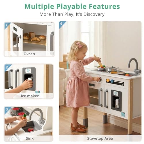 BlueWood Play Kitchen for Kids Toddlers - Wooden Chef Pretend Play Kitchen Set Toy Kitchen with 18 Pcs Toy Food & Cookware Accessories for Ages 3-7,Essential, White - Thumbnail 2