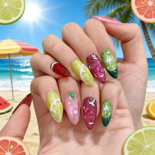 Tesytto Fruit Press on Nails Medium Almond - Cat Eye Effect with Hand-painted Watermelon Lemon & 3D Water Drop Cute Edgy Style, Thick Acrylic and Muti-Layer Gel False Nails (Fruit Party, M) - Image 1