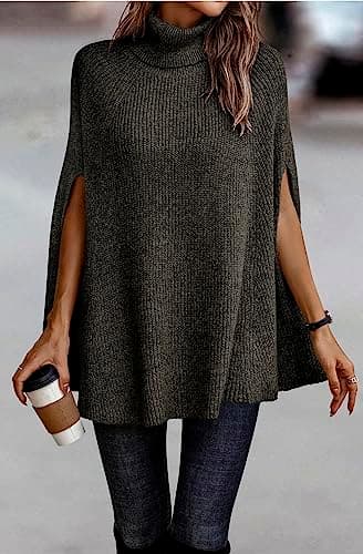 KIRUNDO Women's 2026 Fall Winter Turtleneck Poncho Sweater Fashion Chunky Knit Cape Wrap Sweaters Pullover Jumper Tops(Army Green, X-Large) - Thumbnail 3