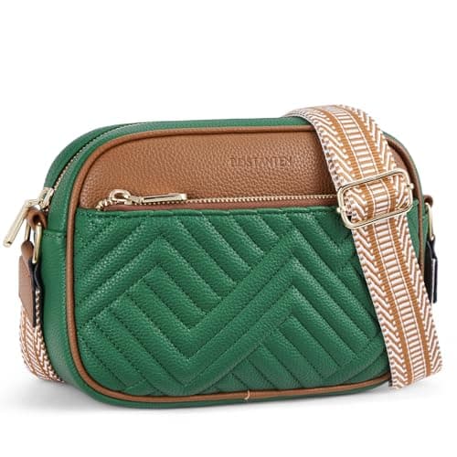 BOSTANTEN Quilted Crossbody Bags for Women Vegan Leather Purses Small Shoulder Handbags with Wide Strap Green with Brown - Image 1