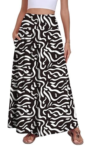 QUEZHU Women's Boho Maxi Skirt Summer Cruise Casual High Waist Flowy Long Skirts,Qi Black,Large - Image 1