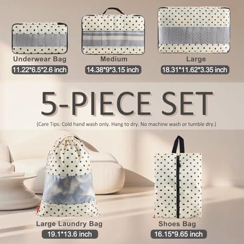 U+U 5 Set Packing Cubes for Travel Essentials Ultralight Luggage Packing Organizers with Laundry Bag and Shoe Bag for Vacation, Business Trip and Camping (Polka Dot) - Thumbnail 3
