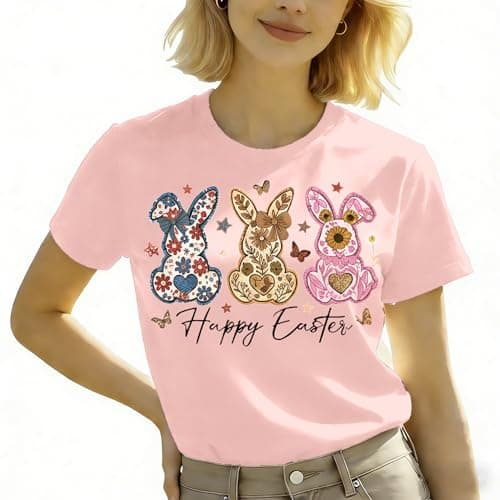 Happy Easter Shirts for Women Funny Bunny T-Shirt Easter Egg Holiday Shirt Easter Rabbit Tee Top - Image 1