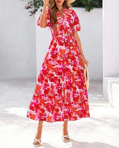 BTFBM Summer Dresses for Women 2026 Boho Short Sleeve V Neck Button Belt Flowy Spring Clothes Beach Vacation Maxi Dress(Floral Orange Pink White, X-Large) - Thumbnail 6