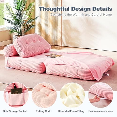 NESLAKO Folding Sofa Bed, Flannel Futon Couch Bed with Pillow and Blanket, Convertible Sleeper Chair for Living Room Bedroom, Pink - Thumbnail 6